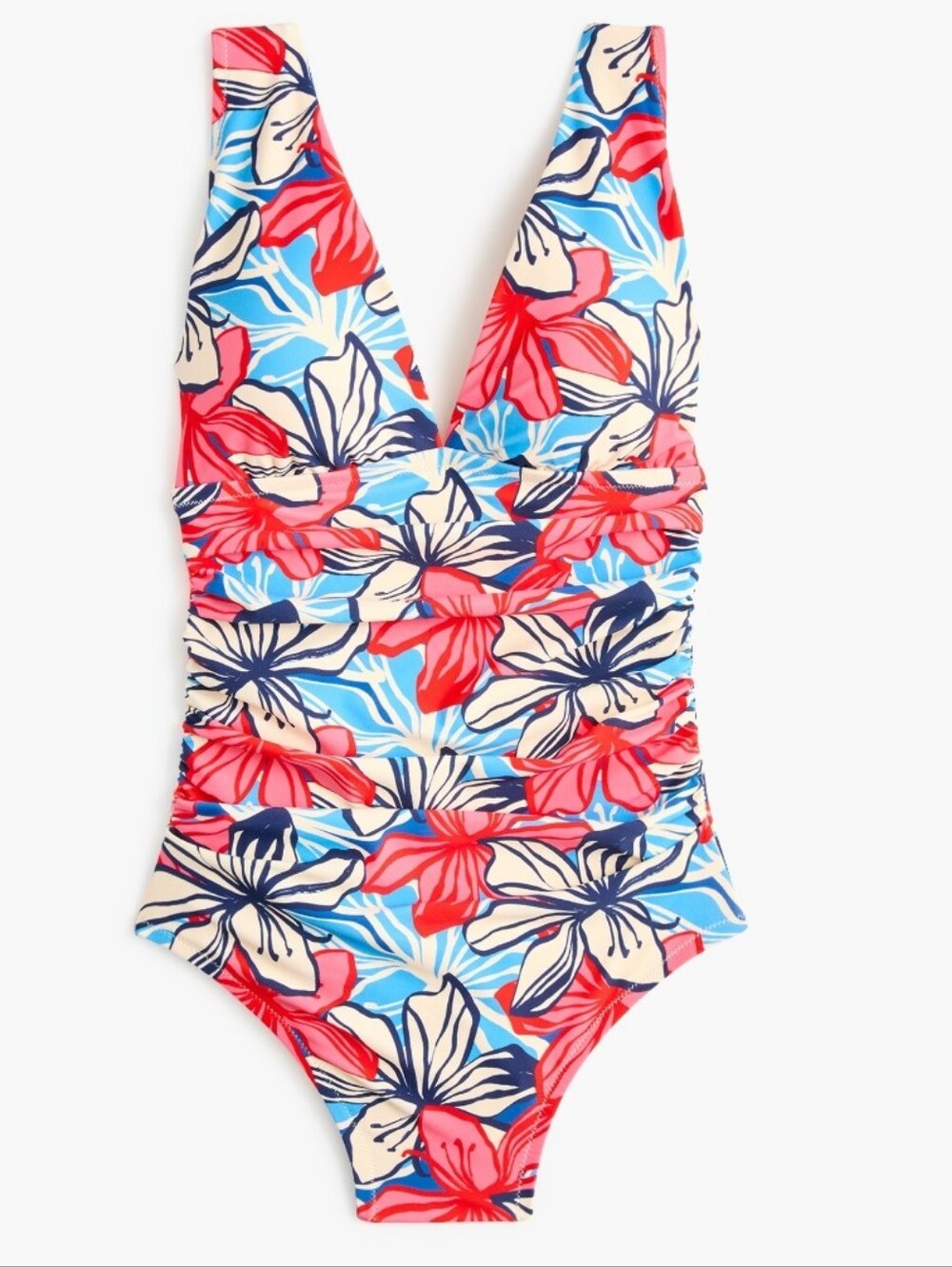 J. Crew RUCHED PLUNGING Floral One-Piece in Coral, Blue & Cream SIZE L NEW